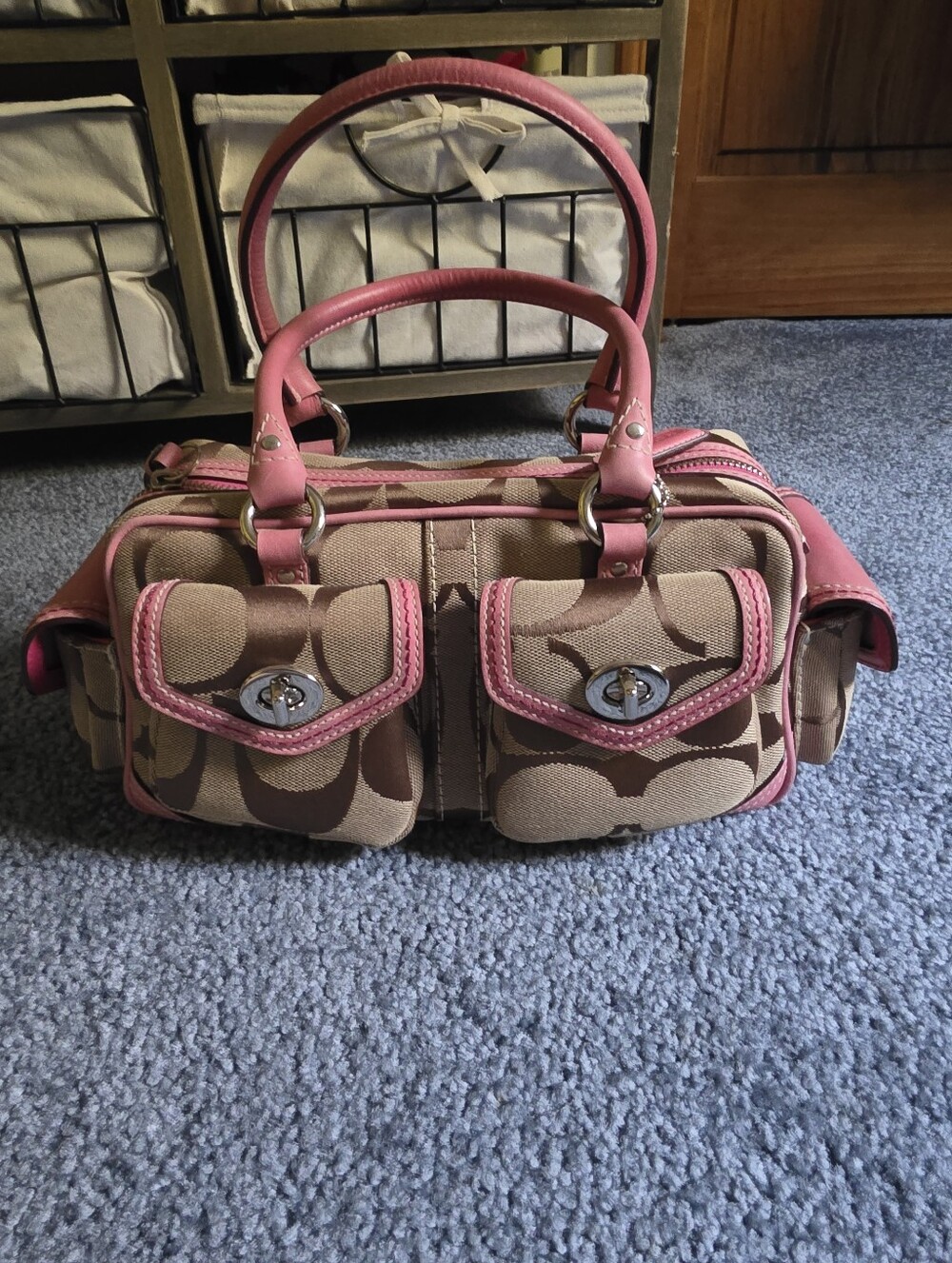 Coach Y2k 2005 Signature Canvas Satchel with Pink Trim Rare